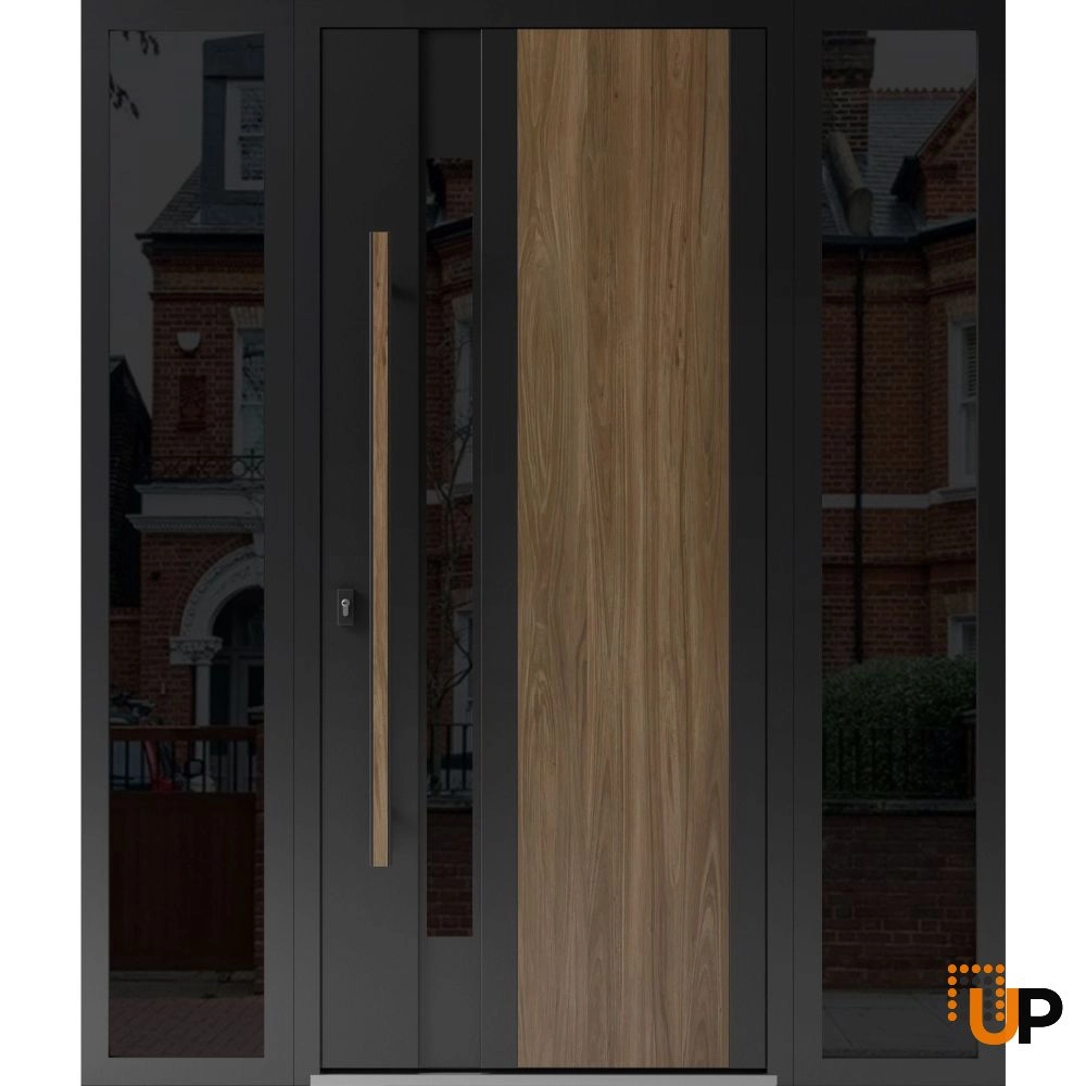 Single swing metal-aluminum modern exterior door with tinted clear-mirrored glass | Dekton 0163 Venezia Noce | 64 x 80 photo#1