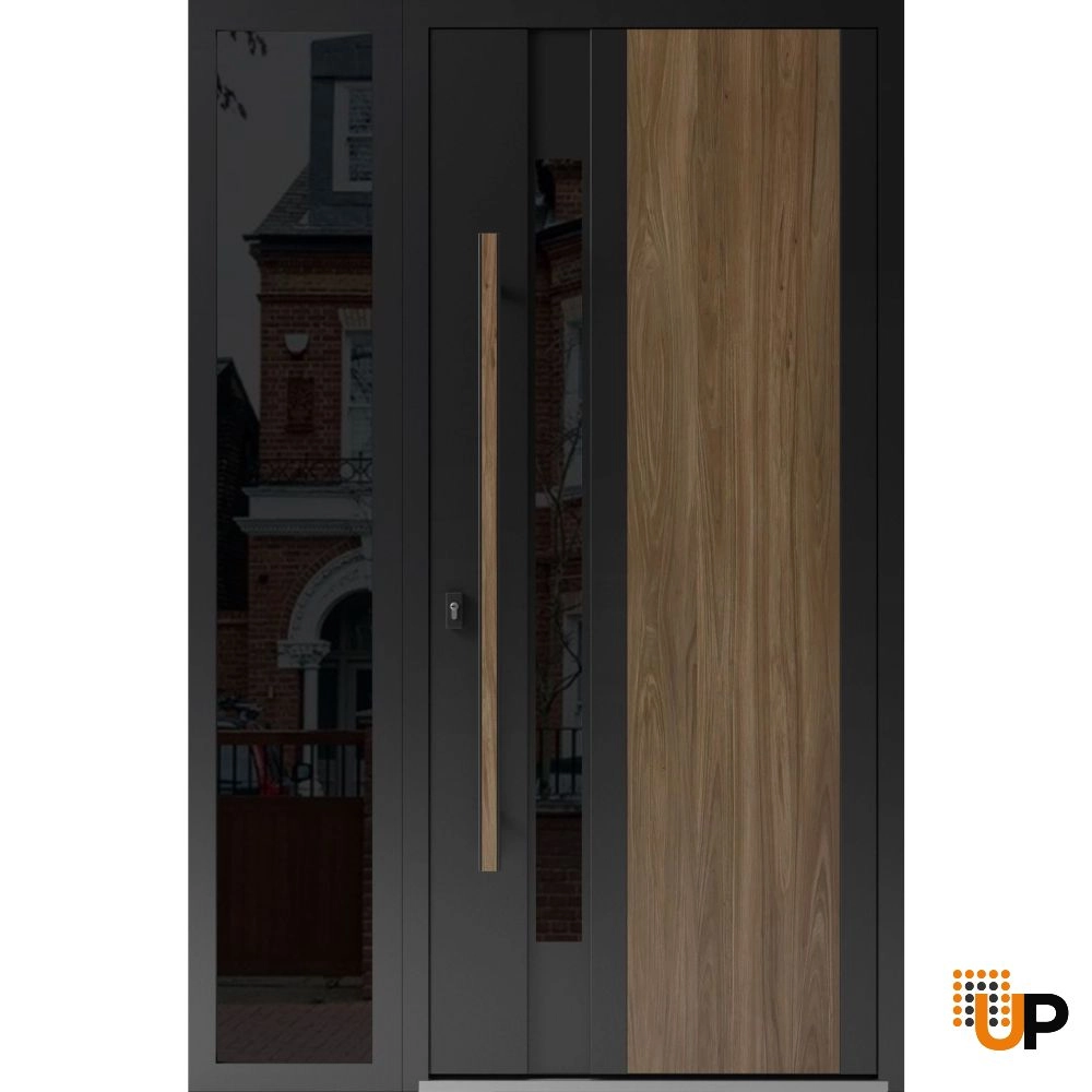 Single swing metal-aluminum modern exterior door with tinted clear-mirrored glass | Dekton 0163 Venezia Noce | 52 x 80 photo#1