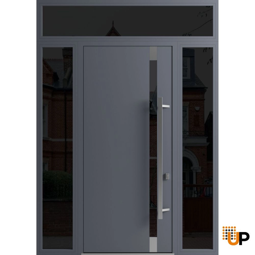 Single swing metal-aluminum modern exterior door with triplex | Ronex 1011 Gray | 60 x 112 (W12+36+12 x H96+16) photo#1