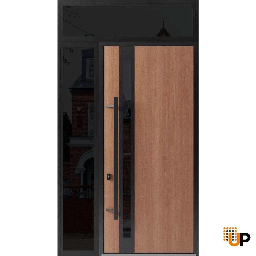 Single swing metal-aluminum modern exterior door with triplex glass | Ronex 1033 Oak | 48 x 112 (36+12 x 96+16) photo#1