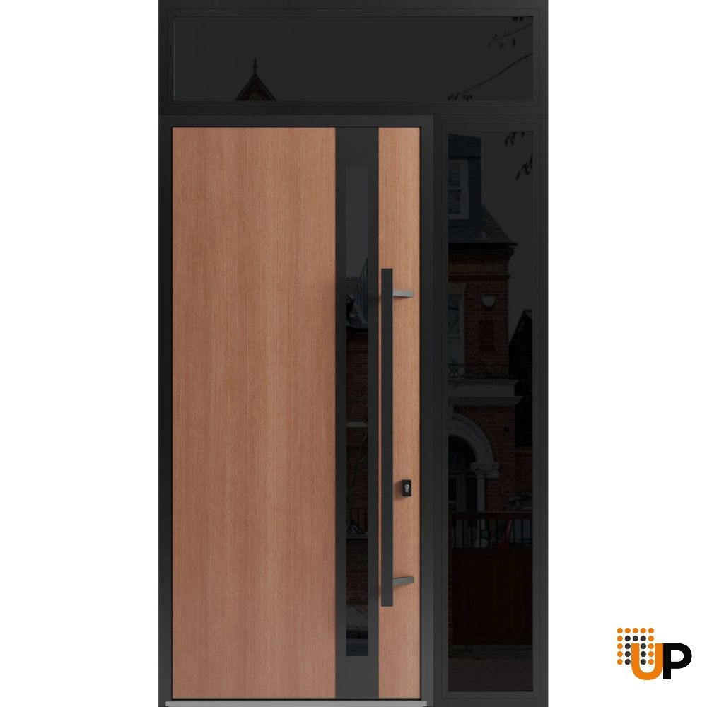 Single swing metal-aluminum modern exterior door with triplex | Ronex 1033 Oak | 48 x 112 (36+12 x 96+16) photo#1