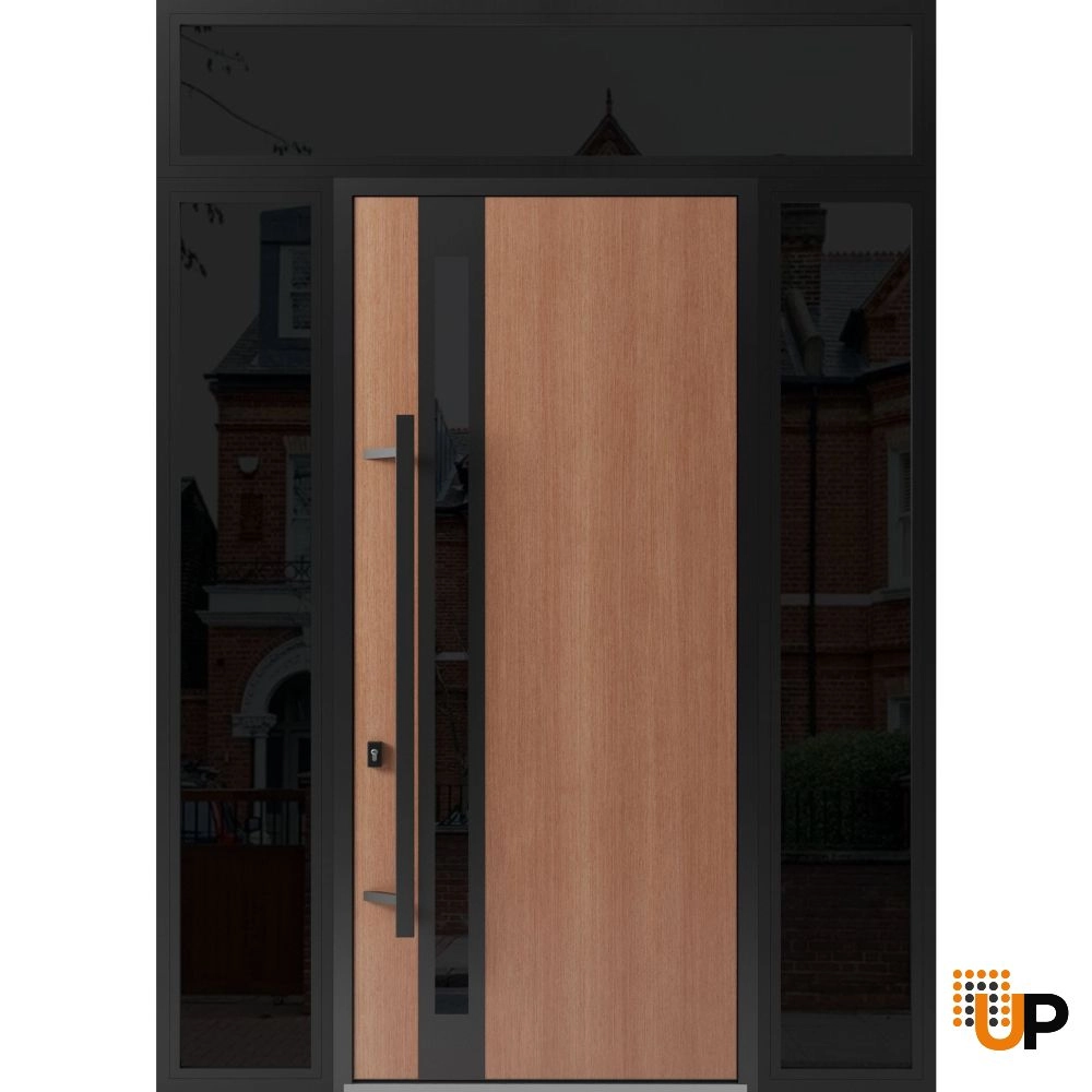 Single swing metal-aluminum modern exterior door with triplex glass | Ronex 1033 Oak | 64 x 112 (14+36+14 x 96+16) photo#1