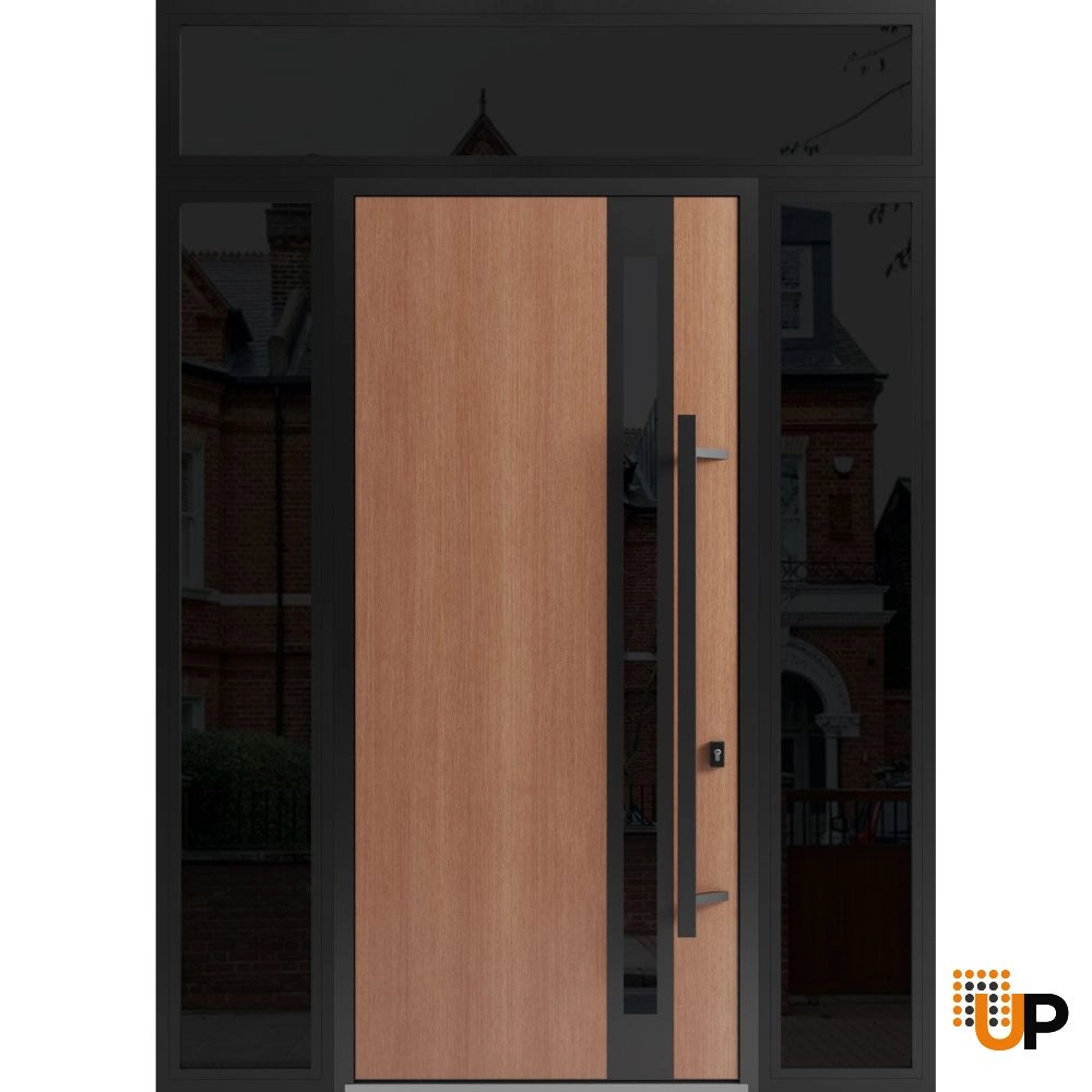 Single swing metal-aluminum modern exterior door with triplex | Ronex 1033 Oak | 60 x 112 (12+36+12 x 96+16) photo#1