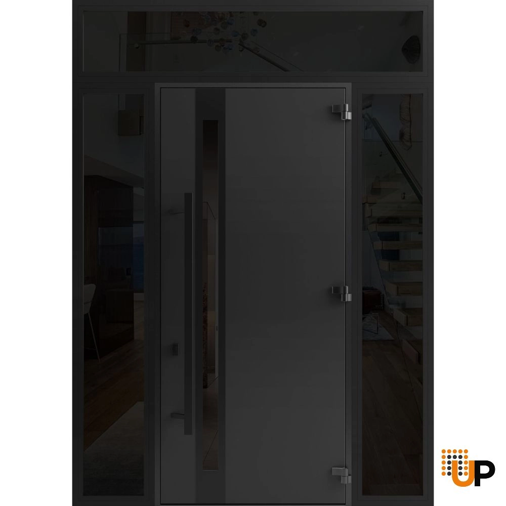 Single swing metal-aluminum modern exterior door with triplex | Ronex 1033 Oak | 60 x 112 (12+36+12 x 96+16) photo#2