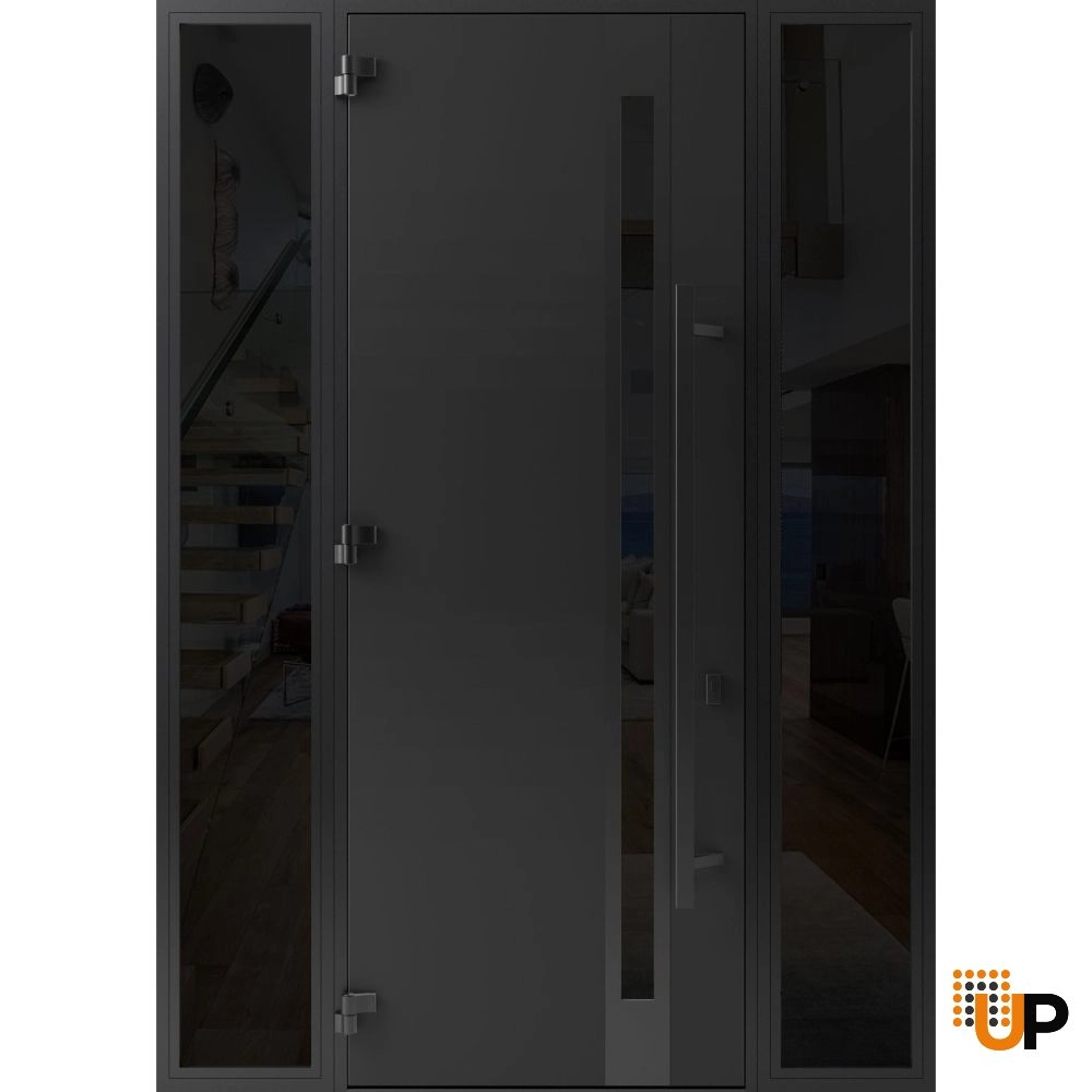 Single swing metal-aluminum modern exterior door with triplex glass | Ronex 1033 Oak | 64 x 96 (14+36+14 x 96) photo#2