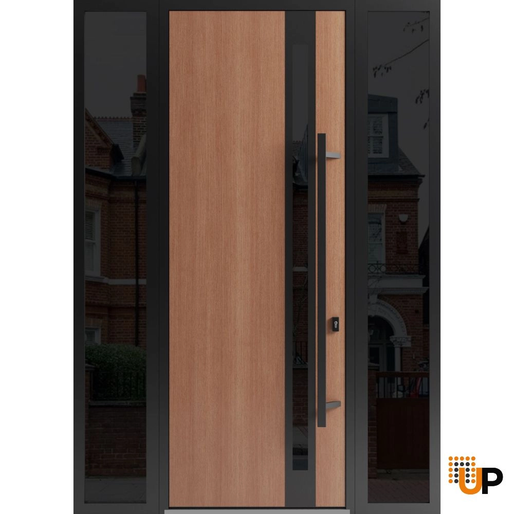 Single swing metal-aluminum modern exterior door with triplex | Ronex 1033 Oak | 60 x 96 (12+36+12 x 96) photo#1