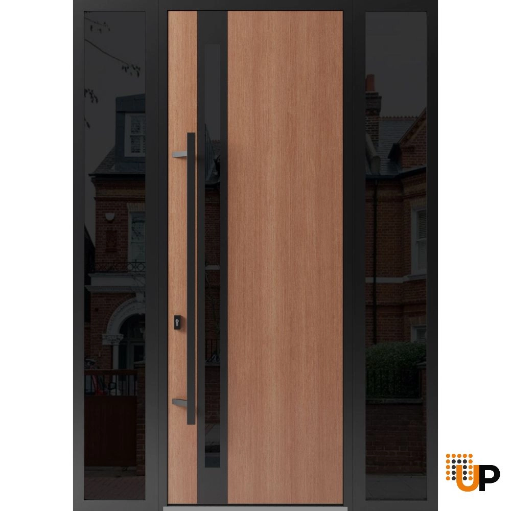 Single swing metal-aluminum modern exterior door with triplex glass | Ronex 1033 Oak | 64 x 96 (14+36+14 x 96) photo#1