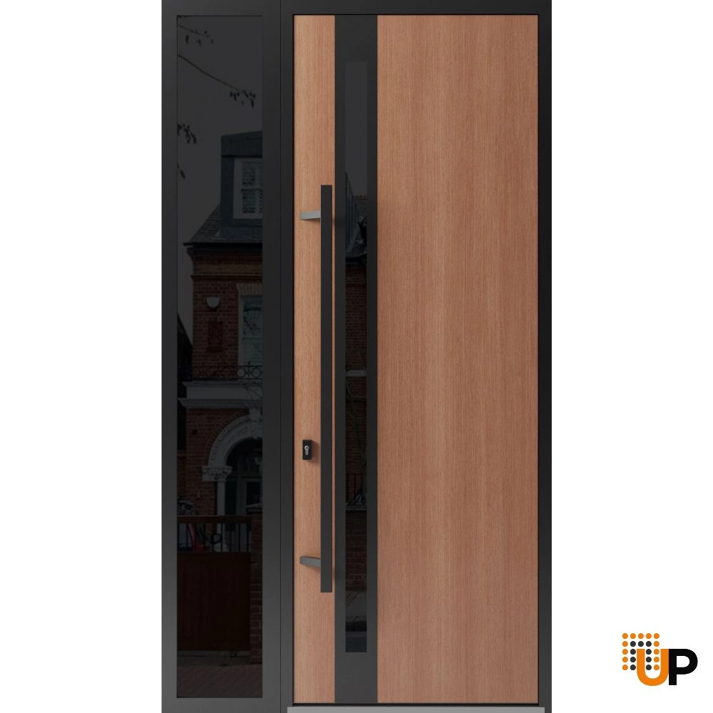 Single swing metal-aluminum modern exterior door with triplex glass | Ronex 1033 Oak | 50 x 96 (36+14 x 96) photo#1