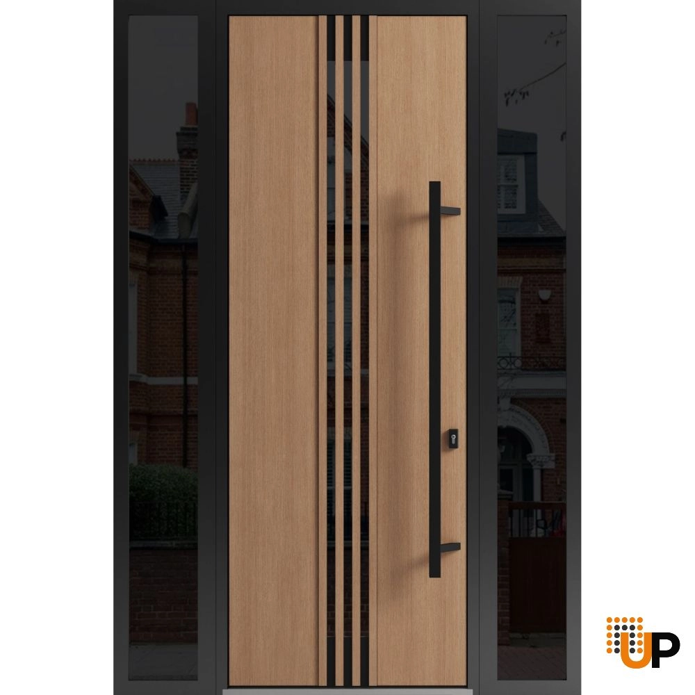 Single swing metal-aluminum modern exterior door with triplex | Ronex 1055 Oak | 60 x 96 photo#1