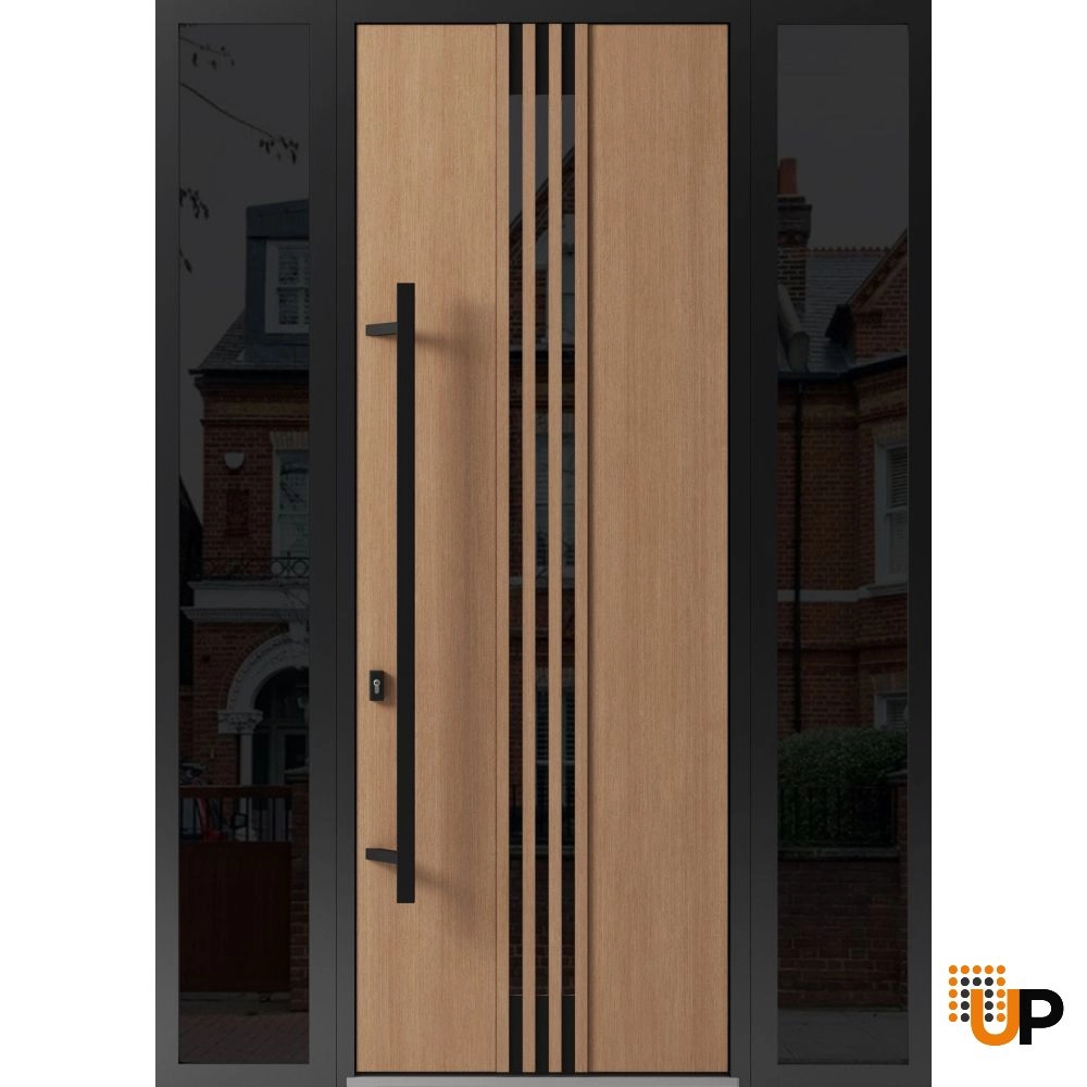 Single swing metal-aluminum modern exterior door with triplex glass | Ronex 1055 Oak | 64 x 96 photo#1
