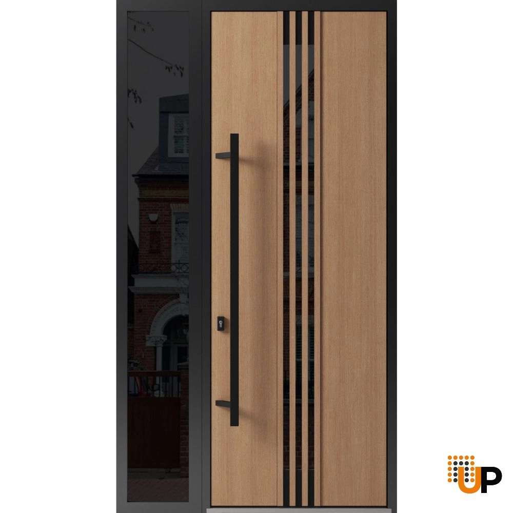 Single swing metal-aluminum modern exterior door with triplex glass | Ronex 1055 Oak | 48 x 96 photo#1
