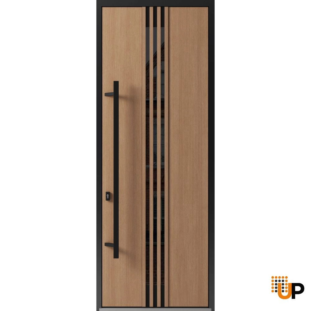 Single swing metal-aluminum modern exterior door with triplex glass | Ronex 1055 Oak | 36 x 96 photo#1