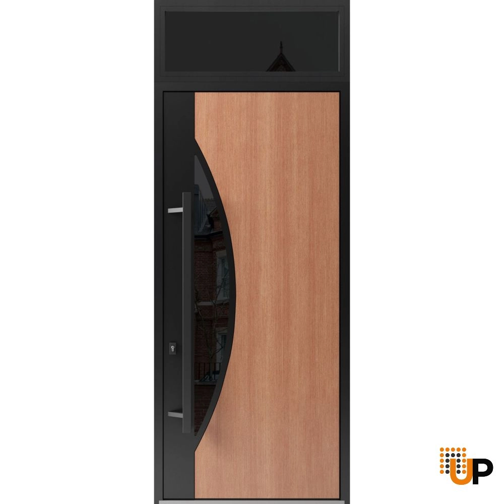 Single swing metal-aluminum modern exterior door with triplex glass | Ronex 1077 Teak | 36 x 112 (W36 x H96+16) photo#1