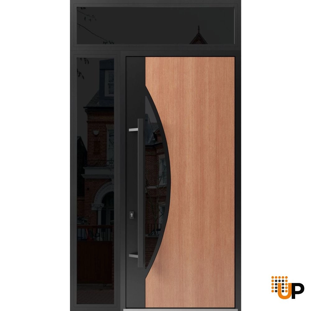 Single swing metal-aluminum modern exterior door with triplex glass | Ronex 1077 Teak | 48 x 112 (W36+12 x H96+16) photo#1