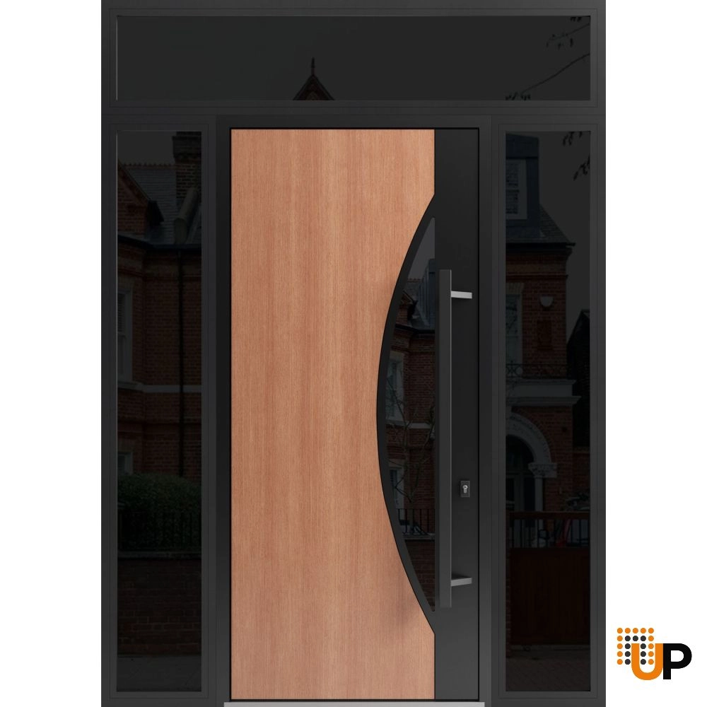Single swing metal-aluminum modern exterior door with triplex | Ronex 1077 Teak | 60 x 112 (W12+36+12 x H96+16) photo#1