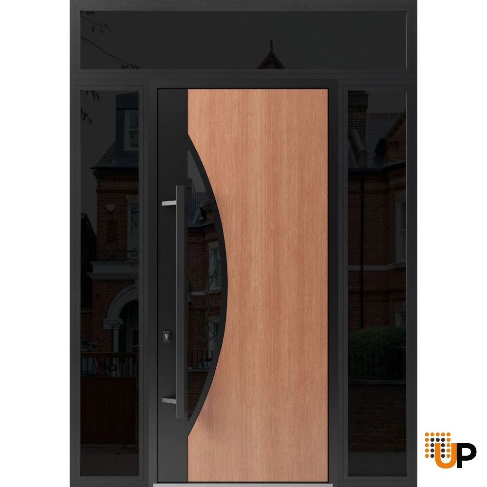 Single swing metal-aluminum modern exterior door with triplex glass | Ronex 1077 Teak | 68 x 112 (W16+36+16 x H96+16) photo#1