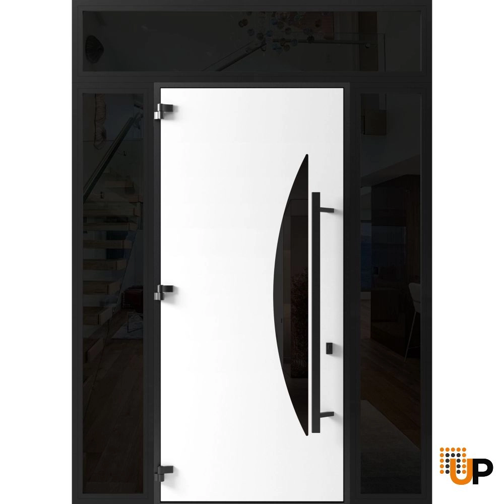 Single swing metal-aluminum modern exterior door with triplex glass | Ronex 1077 Teak | 68 x 112 (W16+36+16 x H96+16) photo#2