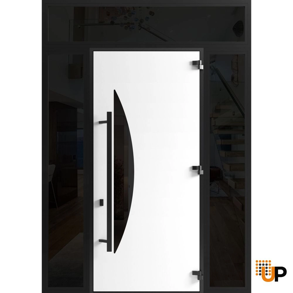 Single swing metal-aluminum modern exterior door with triplex | Ronex 1077 Teak | 60 x 112 (W12+36+12 x H96+16) photo#2