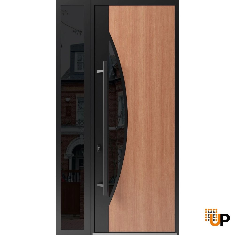 Single swing metal-aluminum modern exterior door with triplex glass | Ronex 1077 Teak | 50 x 96 (W36+14 x H96) photo#1