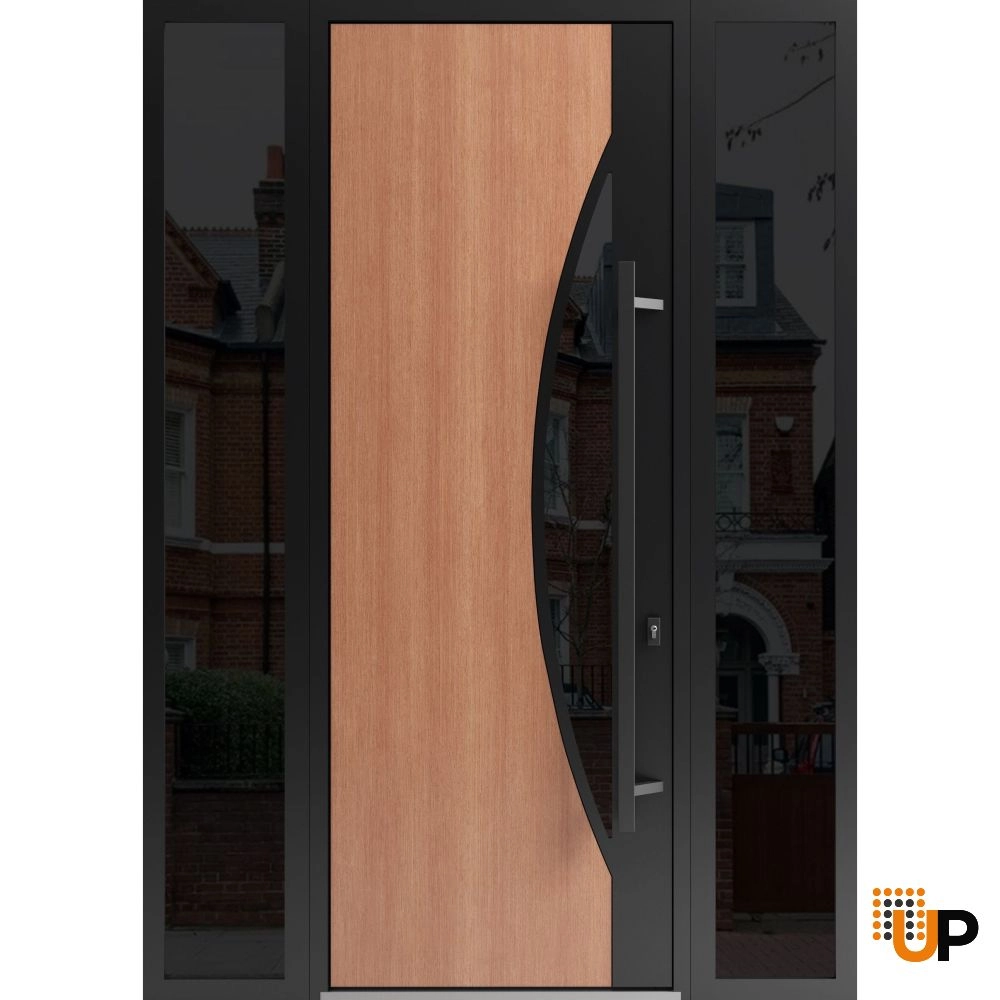 Single swing metal-aluminum modern exterior door with triplex | Ronex 1077 Teak | 60 x 96 photo#1