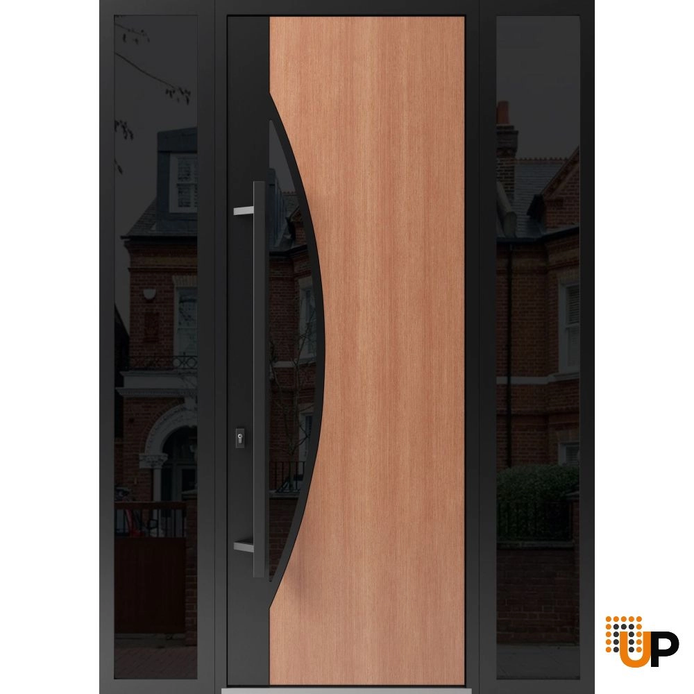 Single swing metal-aluminum modern exterior door with triplex glass | Ronex 1077 Teak | 60 x 96 photo#1