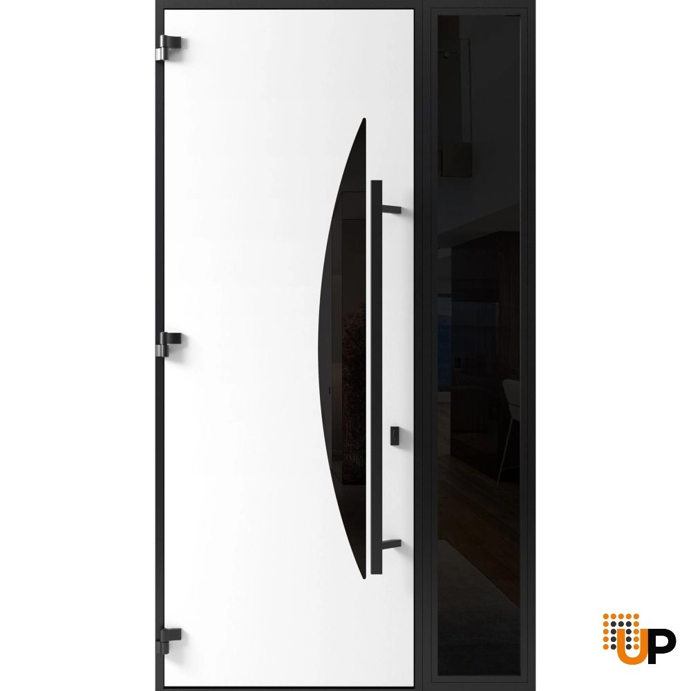 Single swing metal-aluminum modern exterior door with triplex glass | Ronex 1077 Teak | 50 x 96 (W36+14 x H96) photo#2