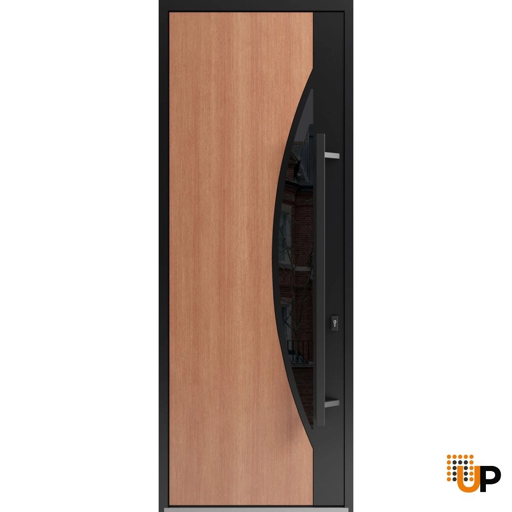 Single swing metal-aluminum modern exterior door with triplex | Ronex 1077 Teak | 36 x 96 photo#1