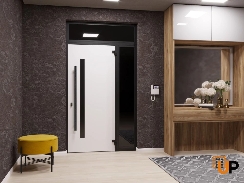 Single swing metal-aluminum modern exterior door with tinted clear-mirrored glass | Dekton 0163 Ardesia Nero | 48 x 96 photo#7