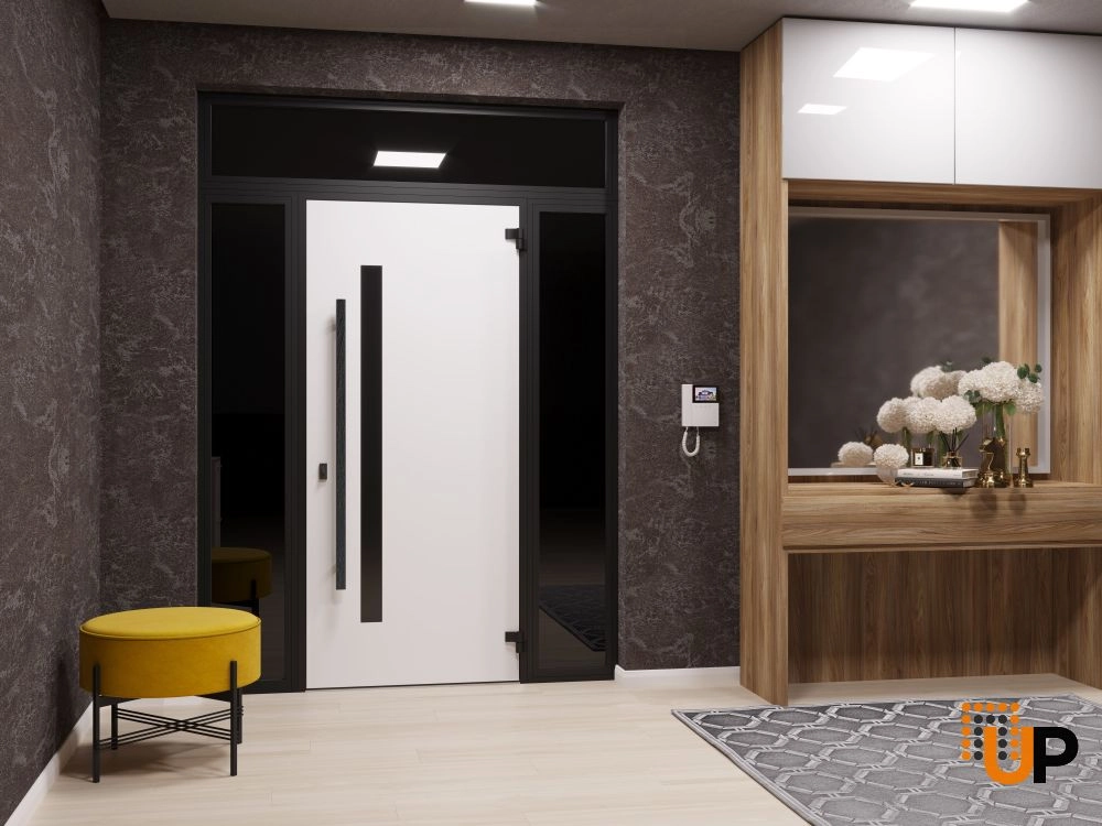 Single swing metal-aluminum modern exterior door with tinted clear-mirrored glass | Dekton 0163 Ardesia Nero | 60 x 96 photo#7