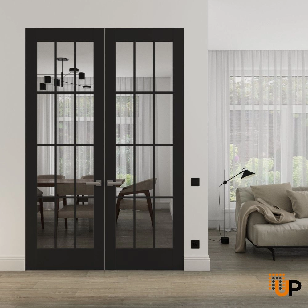 Double solid core swing modern interior frameless double doors with clear glass | Felicia 3355 Black Matte | 36 x 80 (2* 18x80) photo#2