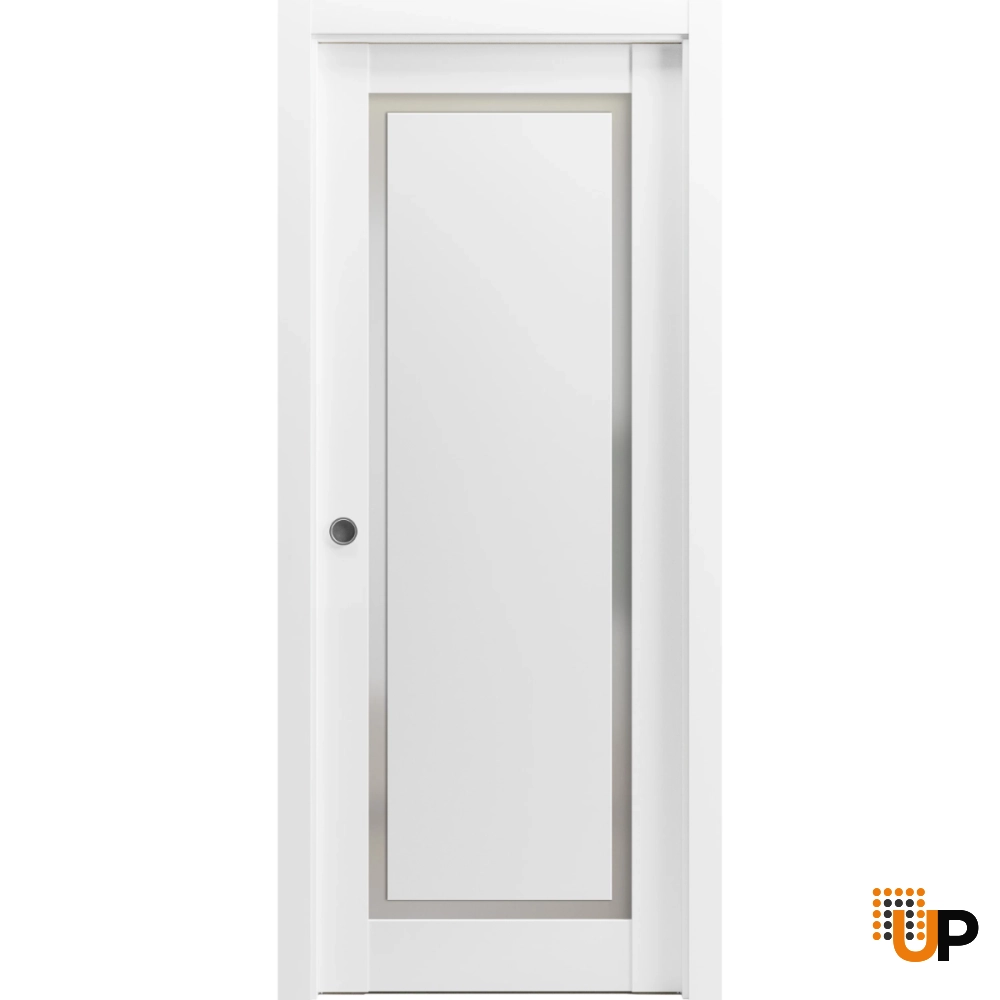 Single solid core sliding interior pocket door with frosted glass | Planum 0888 Painted White | 42 x 96 photo#1