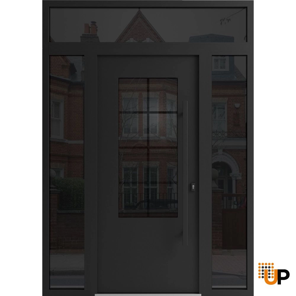 Single swing wrought iron modern exterior door with triplex glass | Iron 0101 Black | 64 x 96 (14+36+14 x 80+16) photo#1