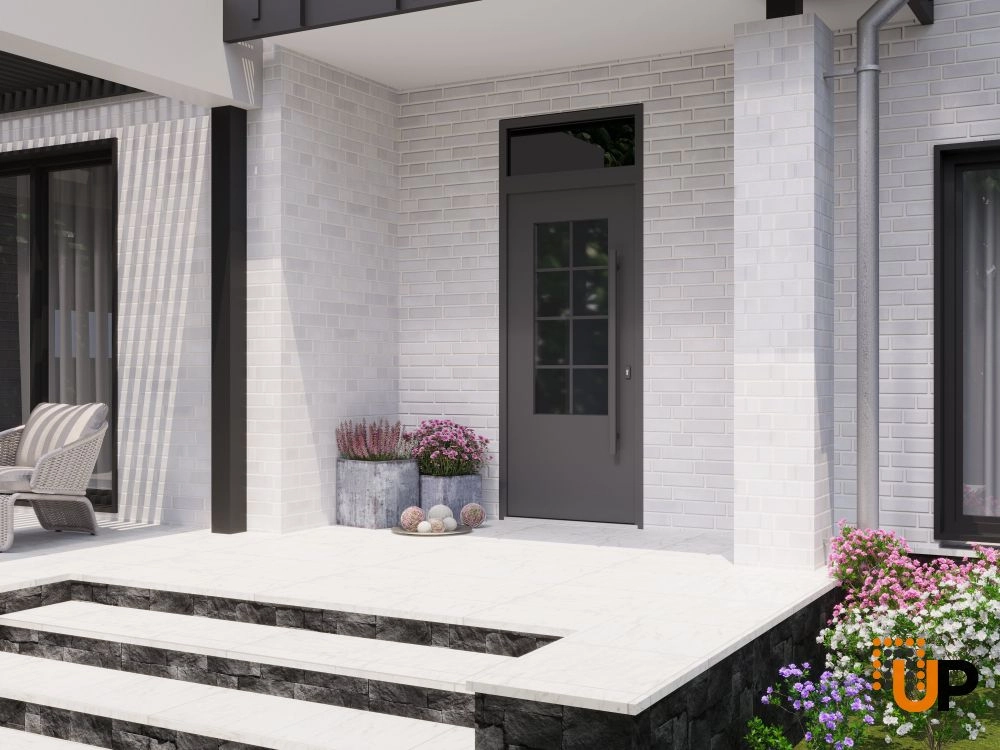 Single swing wrought iron modern exterior door with triplex glass | Iron 0101 Black | 36 x 92 (36 x 80+12) photo#3