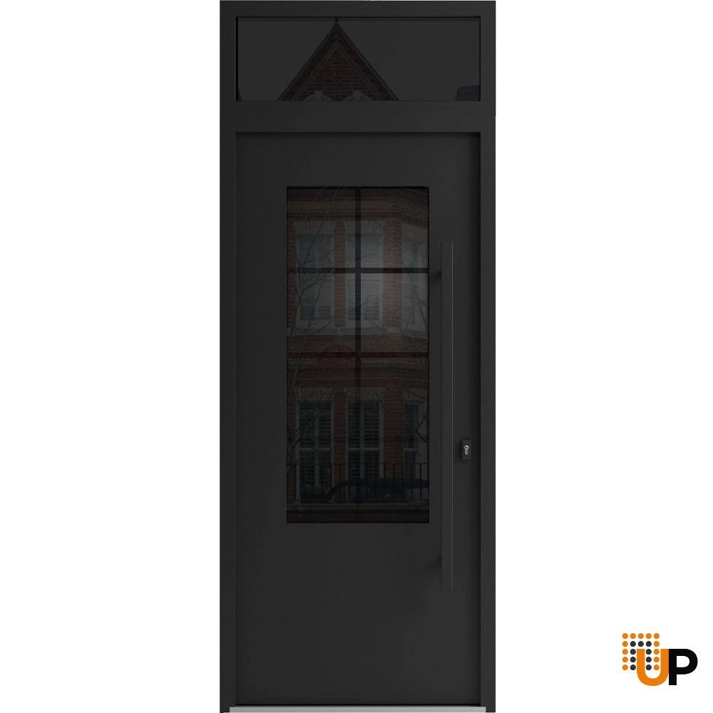 Single swing wrought iron modern exterior door with triplex glass | Iron 0101 Black | 36 x 94 (36 x 80+14) photo#1
