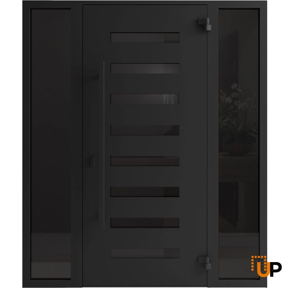 Single swing wrought iron modern exterior door with triplex glass | Iron 0188 Black | 64 x 80 (14+36+14 x 80) photo#2