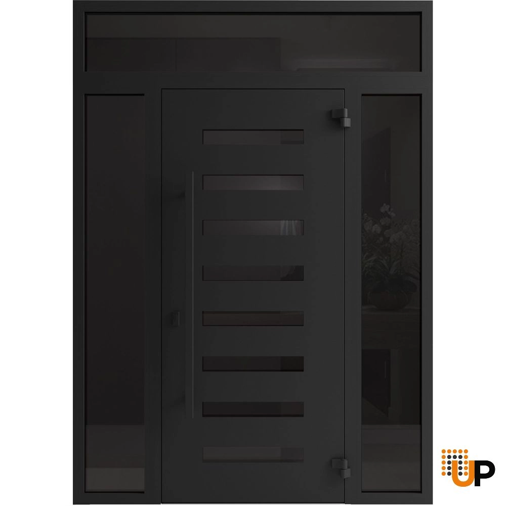 Single swing wrought iron modern exterior door with triplex glass | Iron 0188 Black | 68 x 92 (16+36+16 x 80+12) photo#2