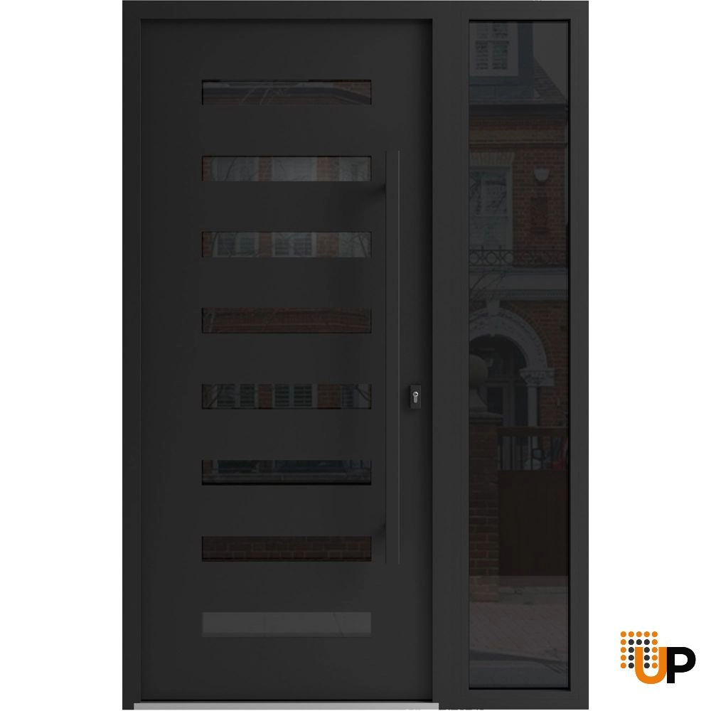 Single swing wrought iron modern exterior door with triplex glass | Iron 0188 Black | 48 x 80 (36+12 x 80) photo#1