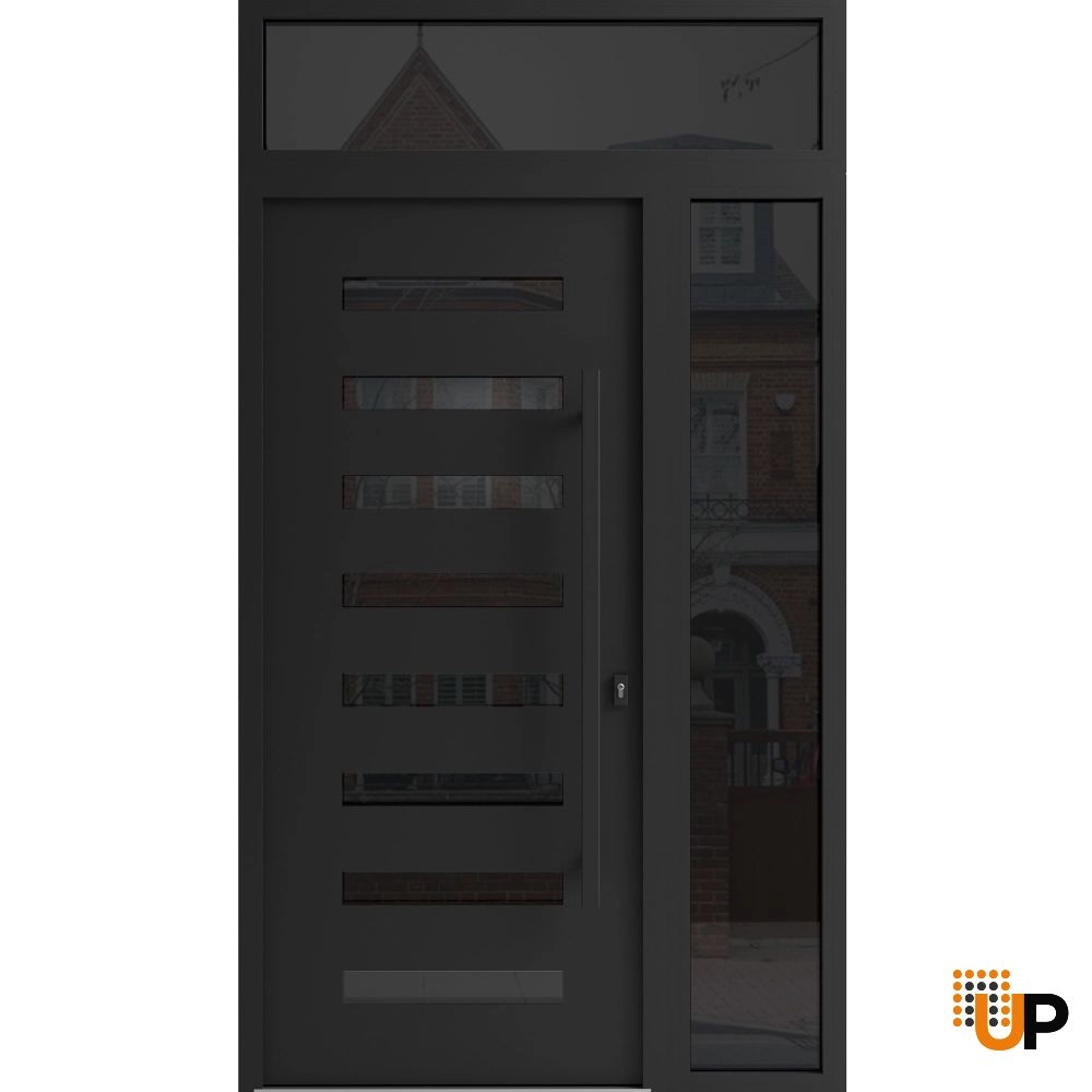 Single swing wrought iron modern exterior door with triplex glass | Iron 0188 Black | 48 x 92 (36+12 x 80+12) photo#1