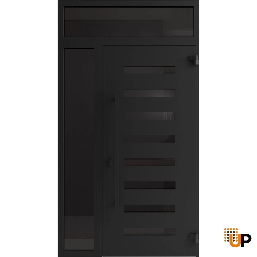 Single swing wrought iron modern exterior door with triplex glass | Iron 0188 Black | 48 x 96 (36+12 x 80+16) photo#2