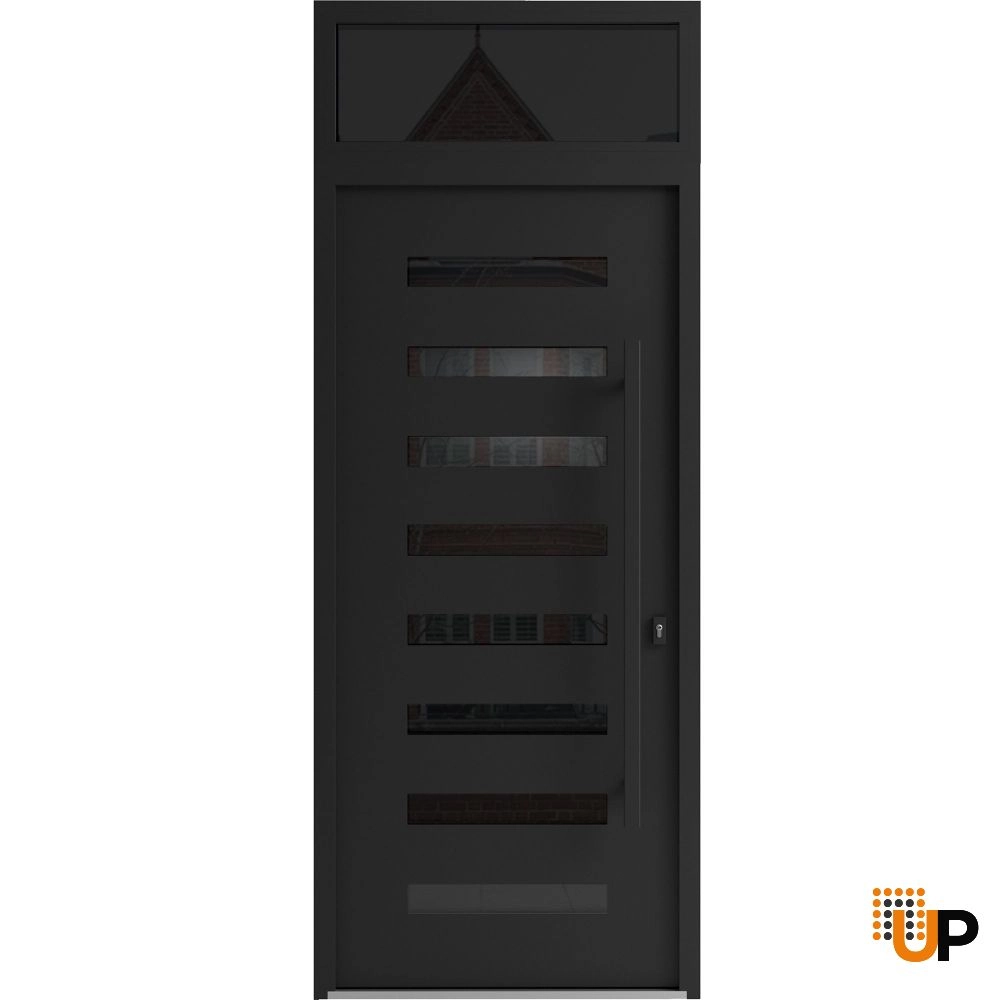Single swing wrought iron modern exterior door with triplex glass | Iron 0188 Black | 36 x 92 (36 x 80+12) photo#1