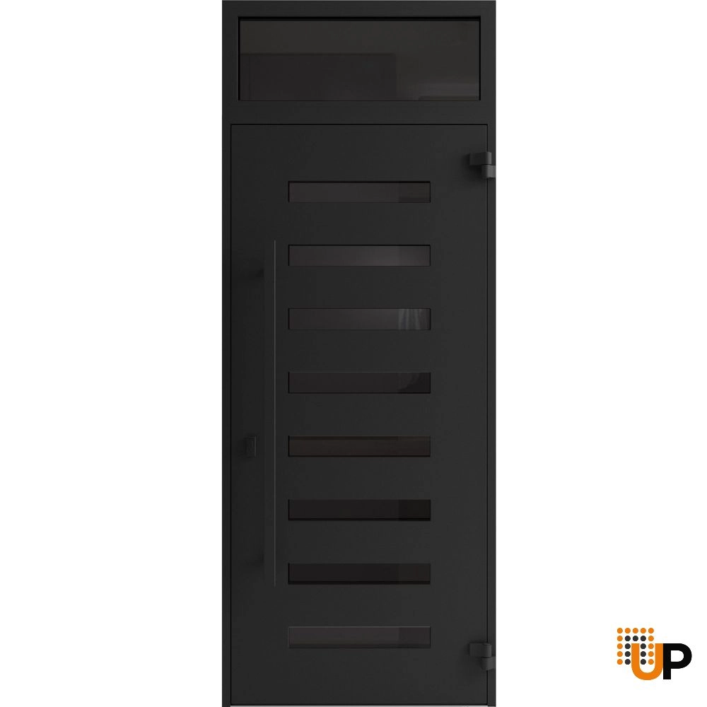 Single swing wrought iron modern exterior door with triplex glass | Iron 0188 Black | 36 x 96 (36 x 80+16) photo#2