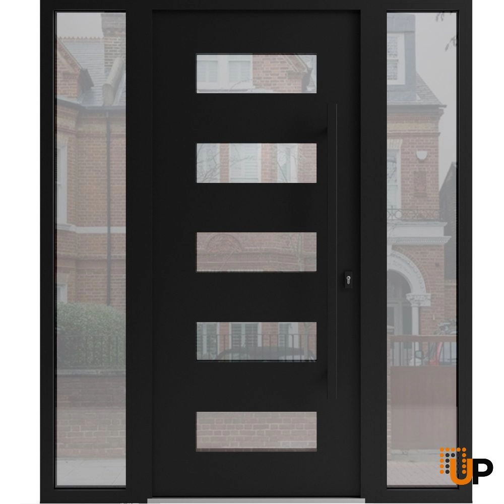 Single swing wrought iron modern exterior door with triplex glass | Iron 0255 Black | 64 x 80 (14+36+14 x 80) photo#1