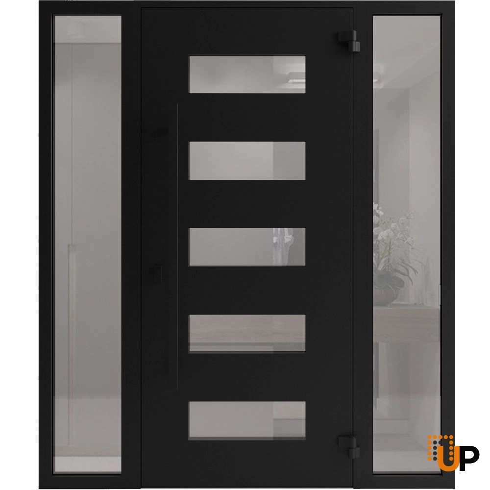 Single swing wrought iron modern exterior door with triplex glass | Iron 0255 Black | 68 x 80 (16+36+16 x 80) photo#2