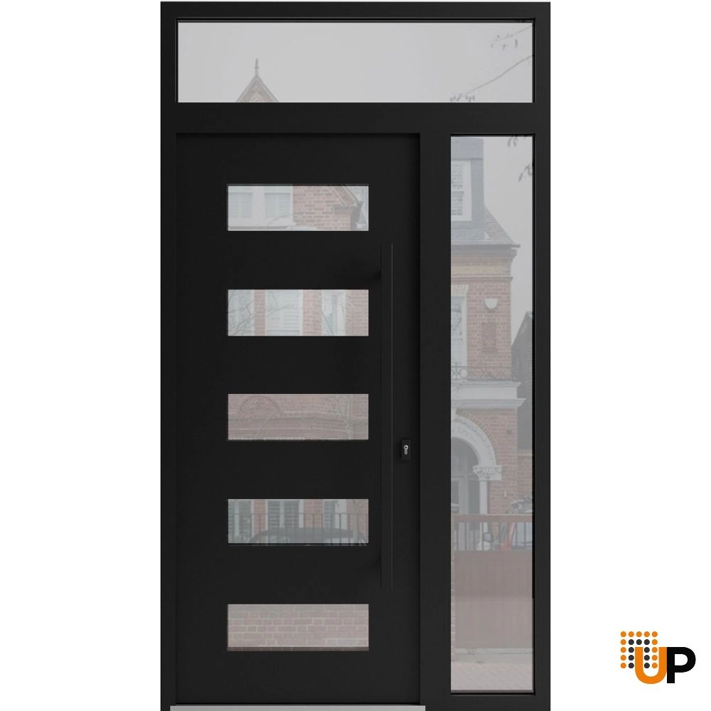 Single swing wrought iron modern exterior door with triplex glass | Iron 0255 Black | 52 x 94 (36+16 x 80+14) photo#1