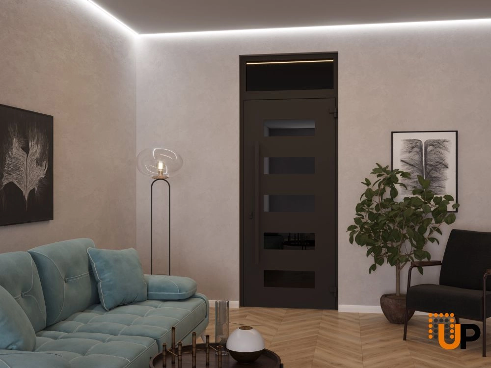 Single swing wrought iron modern exterior door with triplex glass | Iron 0255 Black | 36 x 92 (36 x 80+12) photo#4