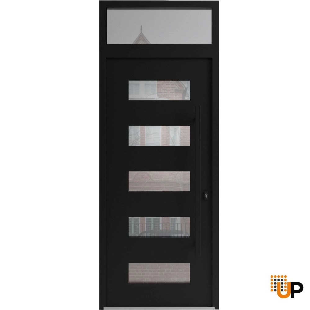 Single swing wrought iron modern exterior door with triplex glass | Iron 0255 Black | 36 x 92 (36 x 80+12) photo#1