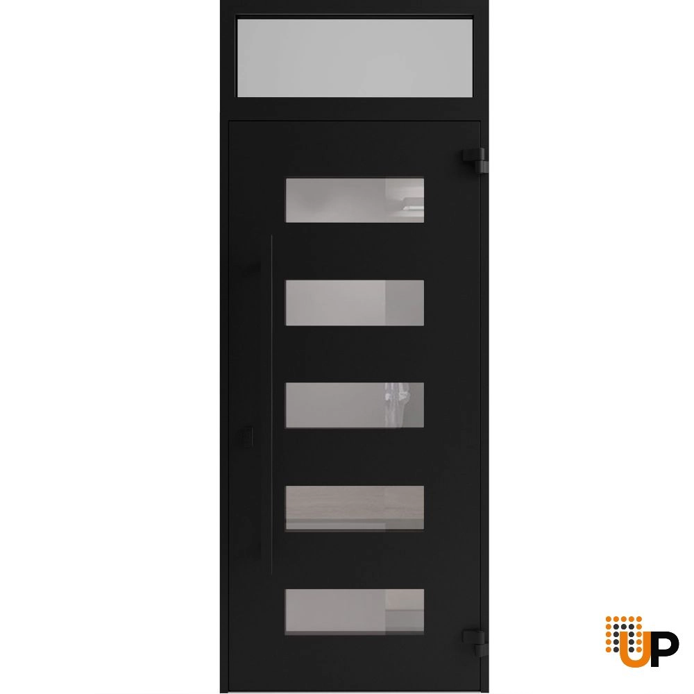 Single swing wrought iron modern exterior door with triplex glass | Iron 0255 Black | 36 x 96 (36 x 80+16) photo#2
