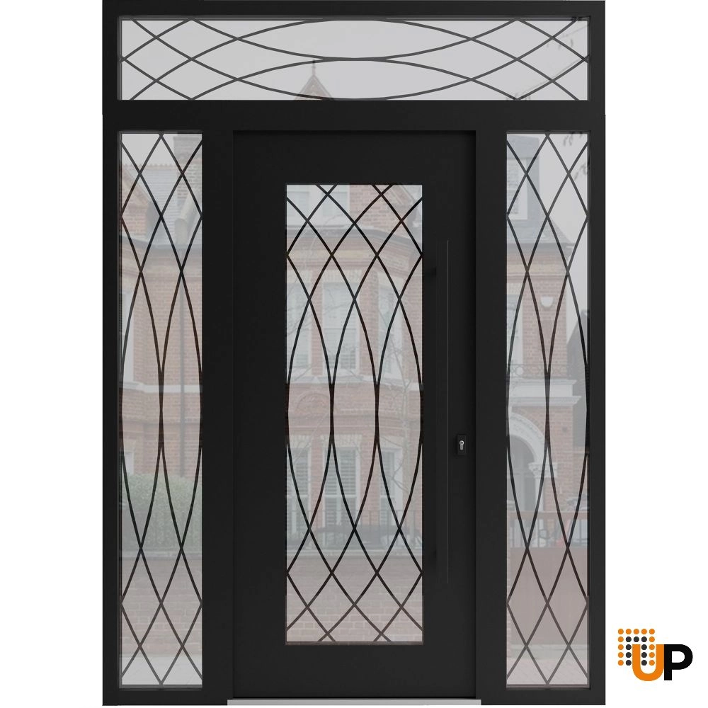 Single swing wrought iron modern exterior door with triplex glass | Iron 1600 Black | 64 x 92 (14+36+14 x 80+12) photo#1