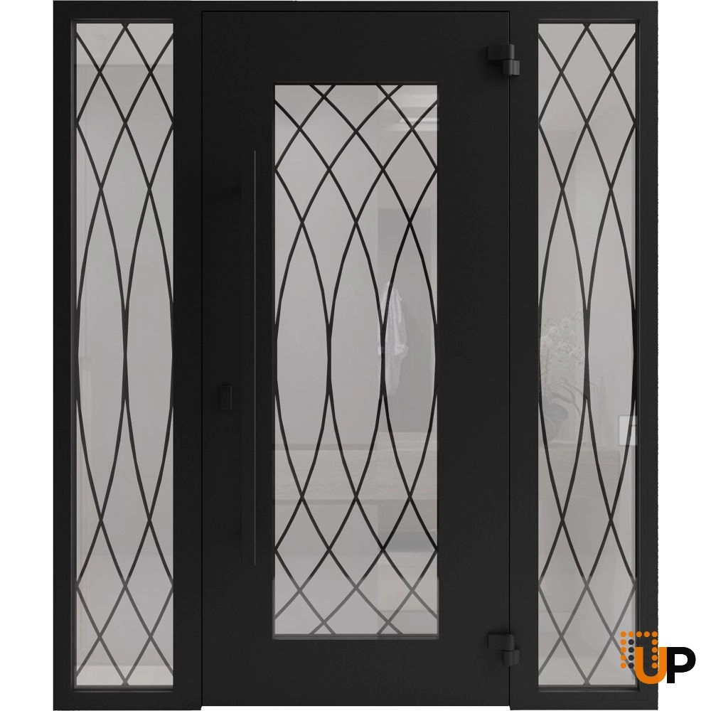Single swing wrought iron modern exterior door with triplex glass | Iron 1600 Black | 68 x 80 (16+36+16 x 80) photo#2