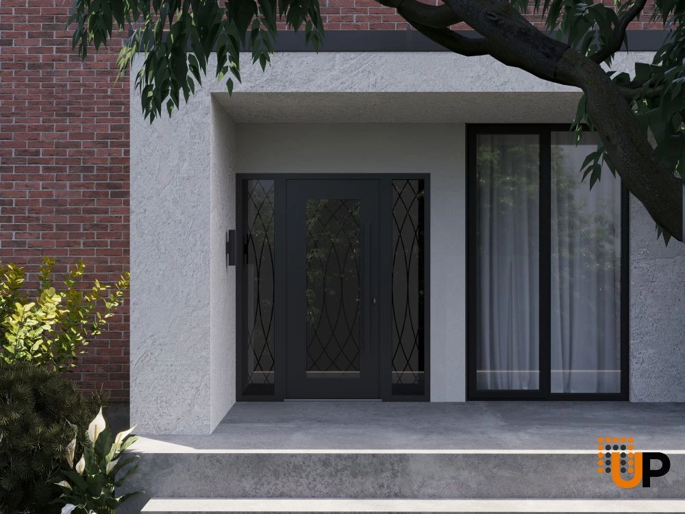 Single swing wrought iron modern exterior door with triplex glass | Iron 1600 Black | 68 x 80 (16+36+16 x 80) photo#3